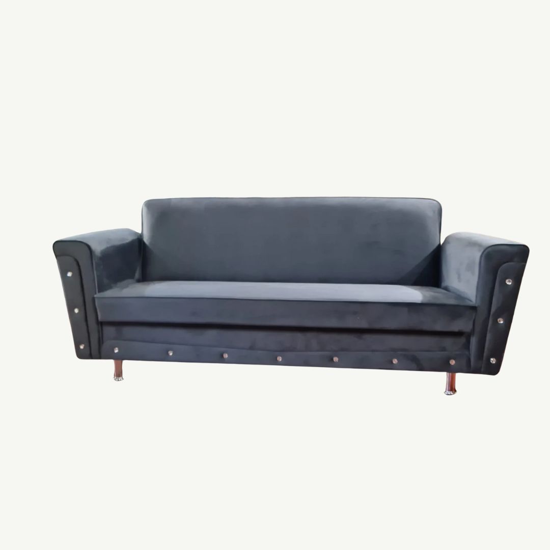 GREY FABRIC SETTEE WITH METAL-STUDDED WOOD DESIGN