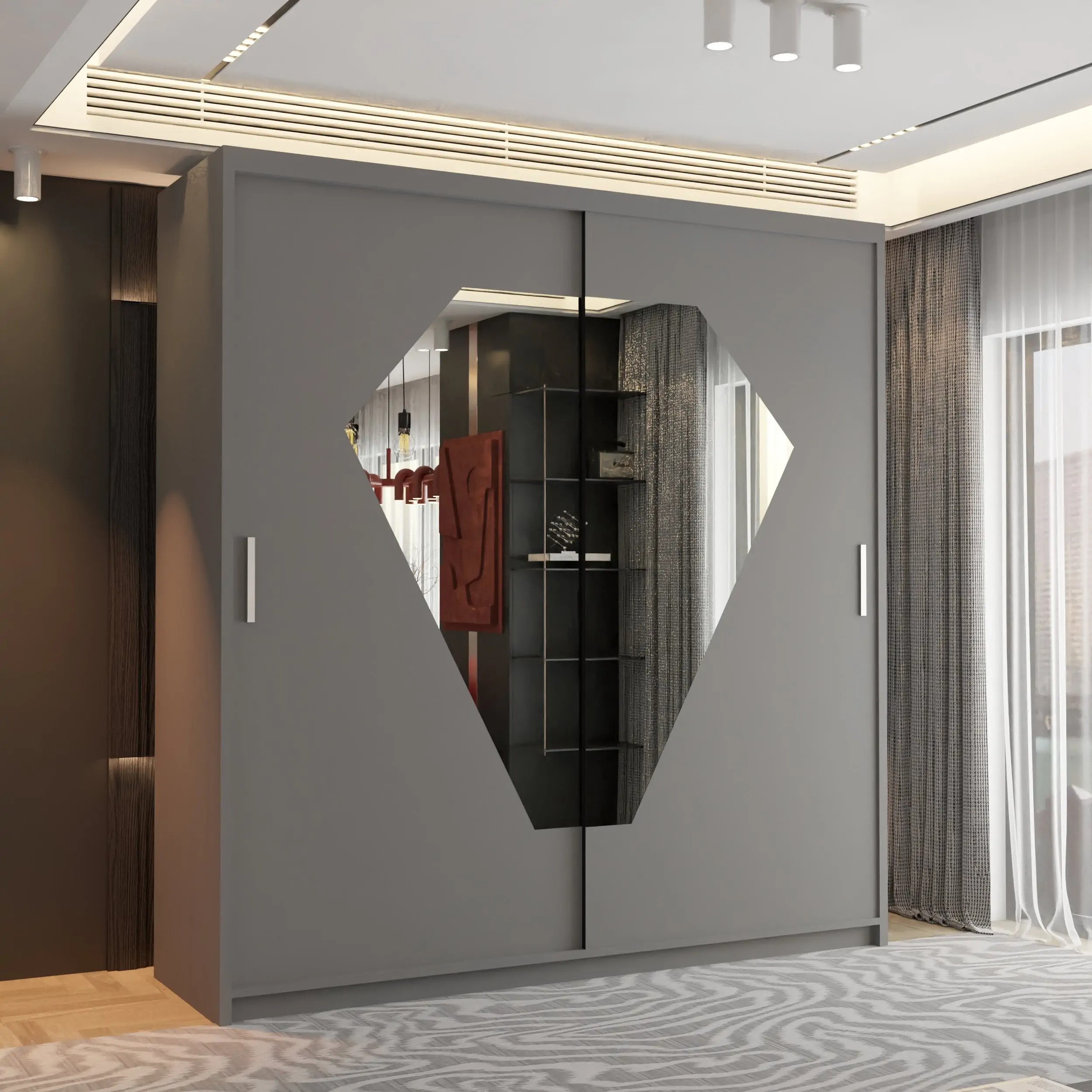 Diamond sliding Mirror Door Wardrobe - Image 7